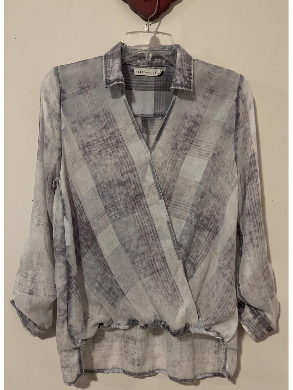 Paper Crane Womens Small Gray Striped Wrap-Style Sheer Tunic Style Blouse! A7323